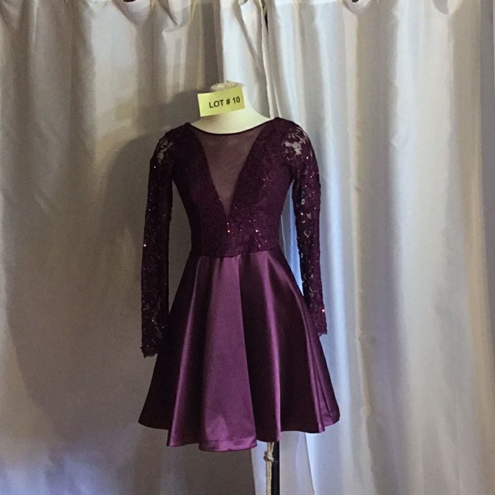 Long sleeved short party dress in deep plum color
